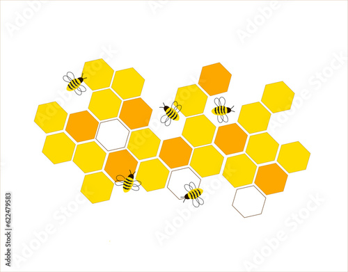 Honey bees and golden honeycombs. Vector illustration on white background.