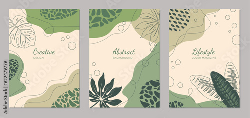 Trendy abstract templates with tropical leaves. Modern abstract covers set, minimal covers design.