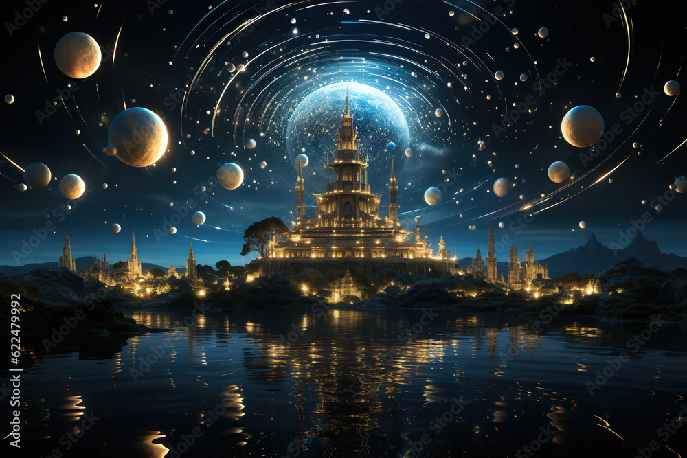 Center of the Universe. Abstract Cosmos Space, Stars and Galaxies, Embodiment of Planet Earth, Dive into Fantasy, Science Night Graphic, City. Generative AI. Center of the Universe. Abstract Cosmos Space, Stars and Galaxies, Embodiment of Planet Earth, Dive into Fantasy, Science Night Graphic, City. Generative AI.