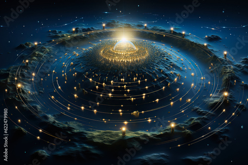 Fototapeta Naklejka Na Ścianę i Meble -  Center of the Universe. Abstract Cosmos Space, Stars and Galaxies, Embodiment of Planet Earth, Dive into Fantasy, Science Night Graphic, City. Generative AI.