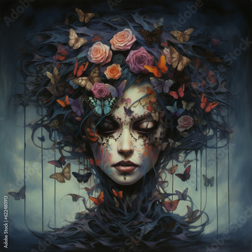 Spooky halloween girl with butterflies and flowers in her hair