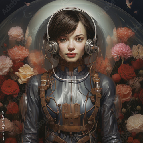 Retro woman listening to music with flowers