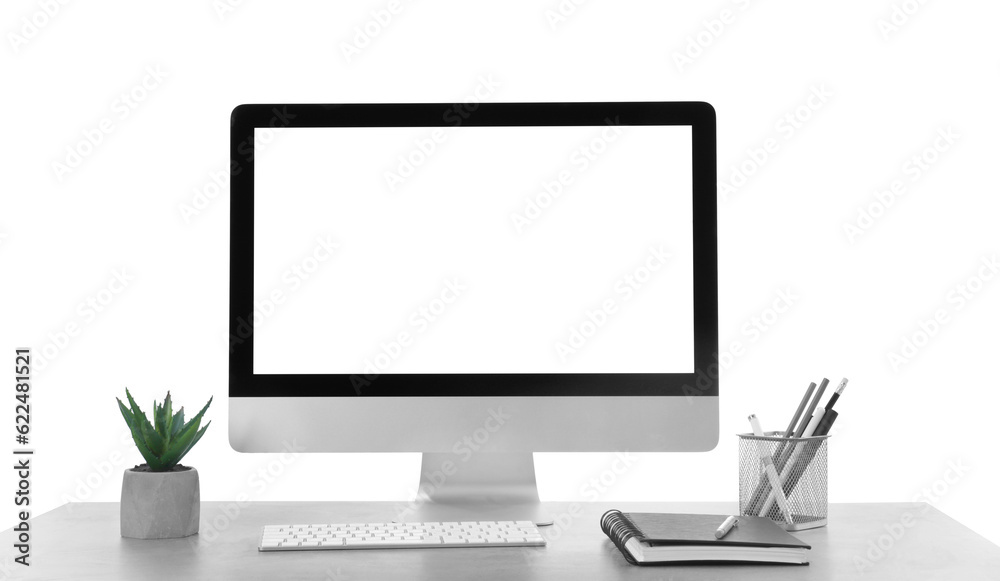 Fototapeta premium Computer, potted plant and stationery on table against white background. Stylish workplace