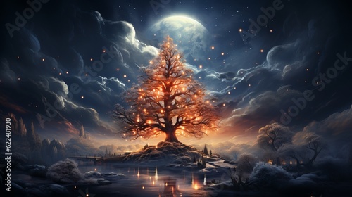 A decorated Christmas tree in a beautiful fantasy landscape. Generative AI.  © Elle Arden 