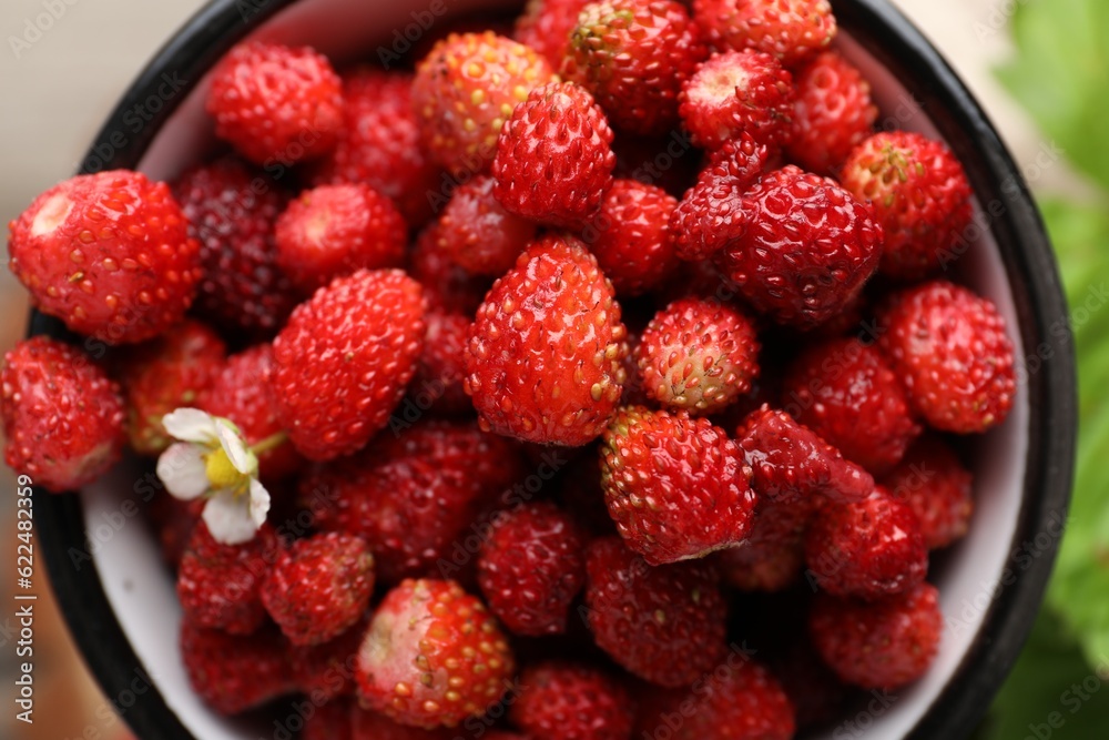 Fresh wild strawberries in mug, top view Fresh wild strawberries in mug, top view