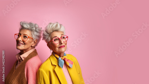 Portrait of a two older woman in colorful modern clothes, smiling. Lgbt, senior, friendship concept. Ai generative, illustration.
