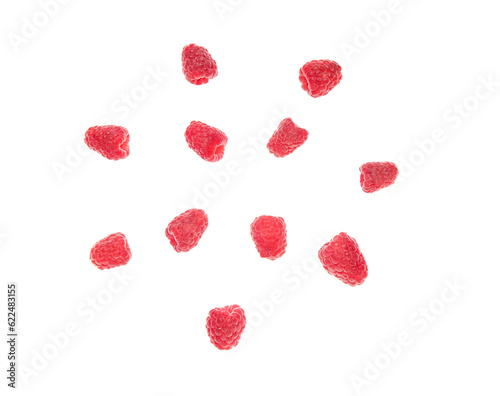 Flying fresh raspberry on white background
