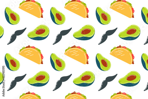 Mexican food, background with Mexican motifs, traditions and Mexican food. Mexican pattern, seamless avocado pattern, tacos and mustache.