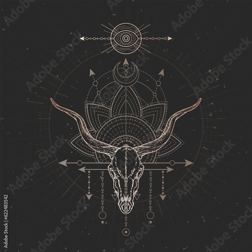 Vector illustration with hand drawn Antelope skull and Sacred geometric symbol on black vintage background. Abstract mystic sign. Gold linear shape. 