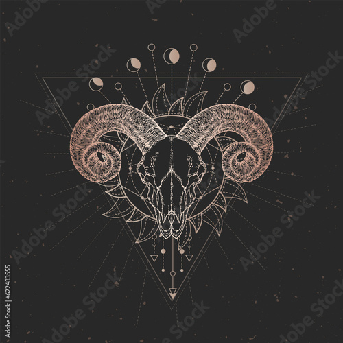 Vector illustration with hand drawn Ram skull and Sacred geometric symbol on black vintage background. Abstract mystic sign. Gold linear shape. 