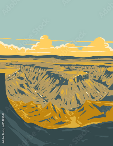 WPA poster art of the Fish River Canyon Visrivier Canyon or Visrivier Kuil in Namibia southern Africa done in works project administration or Art Deco style.
 photo