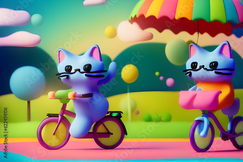 Cats made of clay riding bicycles. Generative AI