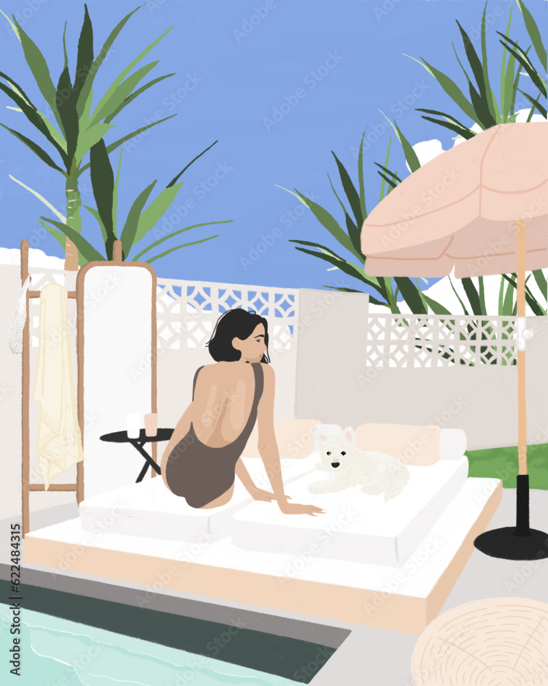 Obraz premium A woman in swimwear relaxing with a dog in a pool villa - a concept illustration of summer vacation