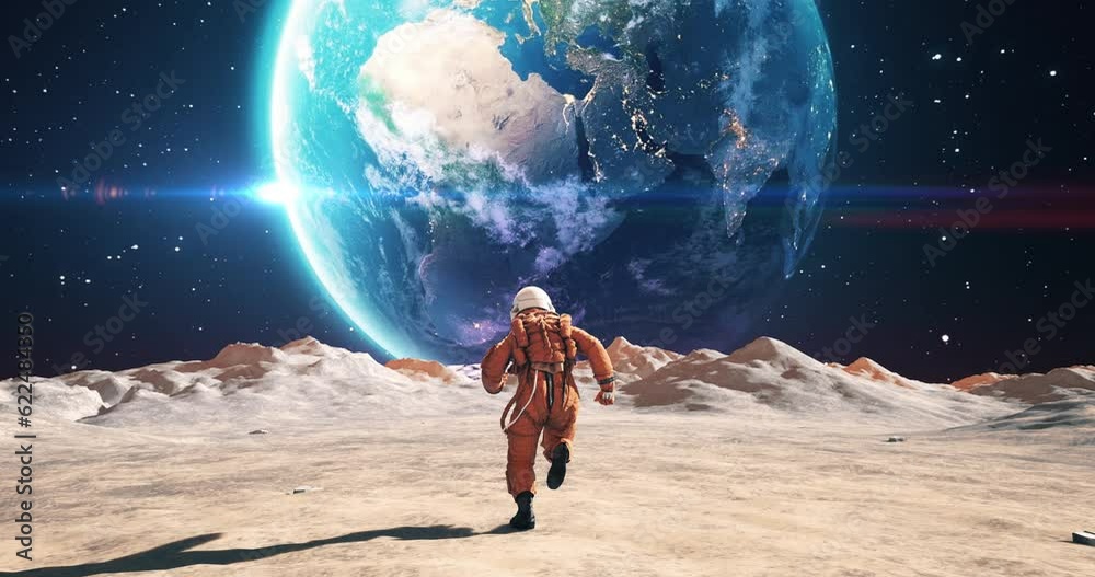 Young Male Astronaut In Space Suit Running On Alien Planet. Planet Earth Is Visible. Space Related Majestic Scene.