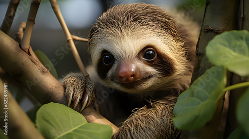 Happy sloth on the tree Generative AI photo