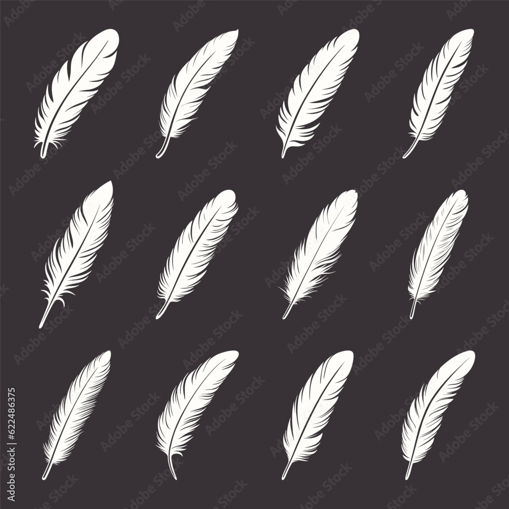 Vector Fluffy Feather Logo, Icon Set, Silhouette Feather Closeup Isolated. Design Template of Flamingo, Angel, Bird Feather. Lightness, Freedom Concept Vector Fluffy Feather Logo, Icon Set, Silhouette Feather Closeup Isolated. Design Template of Flamingo, Angel, Bird Feather. Lightness, Freedom Concept