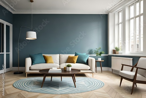 Scandinavian household living room interior, wall mockup, 3d render. Modern living room.
