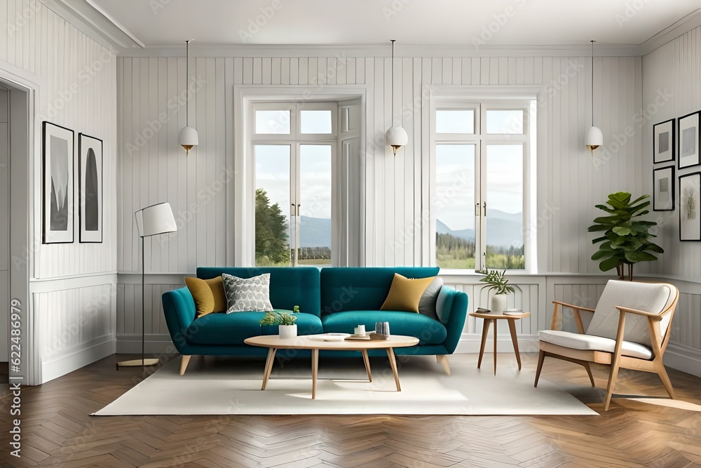 Scandinavian farmhouse living room interior, wall mockup, 3d render. Modern living room. Scandinavian farmhouse living room interior, wall mockup, 3d render. Modern living room.