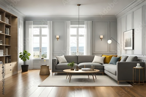 Modern living room. Scandinavian farmhouse living room interior, wall mockup, 3d render. © Nyetock