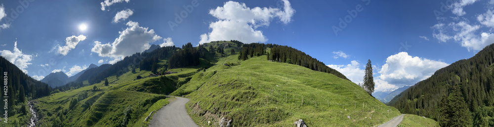 Panoramic view of the idyllic Rellstal valley (Montafon, Vorarlberg, Austria). In the background the famous Zimba peak, embedded in the impressive Rätikon mountains. Panoramic view of the idyllic Rellstal valley (Montafon, Vorarlberg, Austria). In the background the famous Zimba peak, embedded in the impressive Rätikon mountains.
