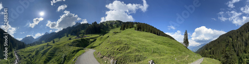 Panoramic view of the idyllic Rellstal valley (Montafon, Vorarlberg, Austria). In the background the famous Zimba peak, embedded in the impressive Rätikon mountains. photo