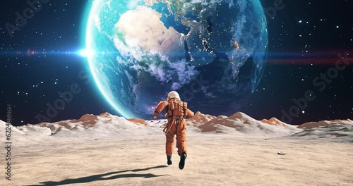 Young Male Astronaut In Space Suit Running On Alien Planet. Planet Earth Is Visible. Space Related Slow Motion Majestic Scene.