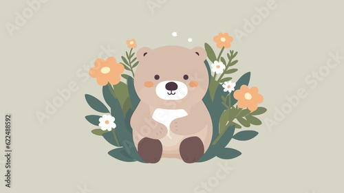 Vector illustration of a cute bear and flower field.