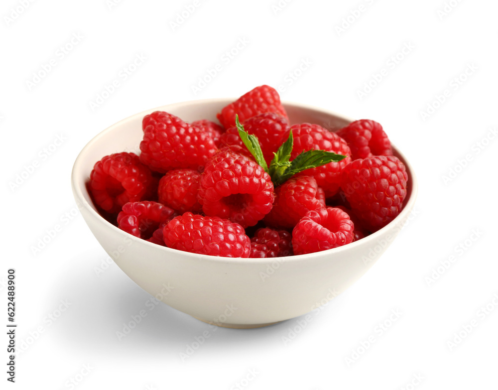 Bowl with fresh raspberries and mint on white background Bowl with fresh raspberries and mint on white background