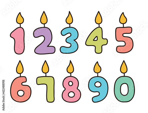 Set of hand drawn candle shaped numbers in doodle style. Illustration of candles used for birthdays, parties and celebrations.