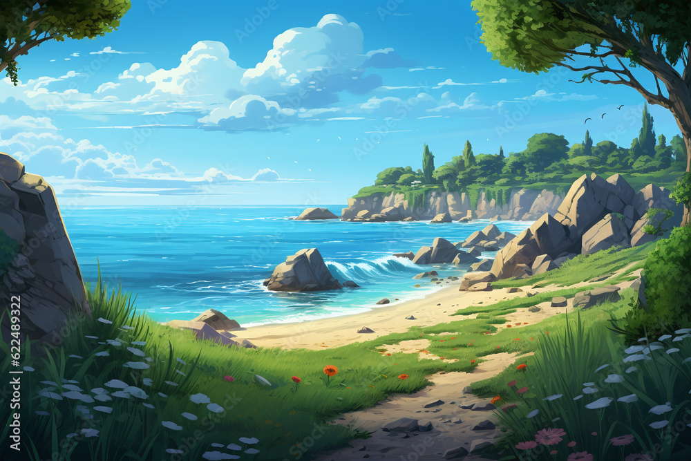 Illustration of a cartoon coast. Generative AI Illustration of a cartoon coast. Generative AI