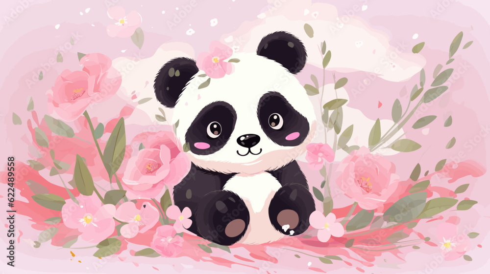 Vector illustration of cute panda and flower field. Vector illustration of cute panda and flower field.
