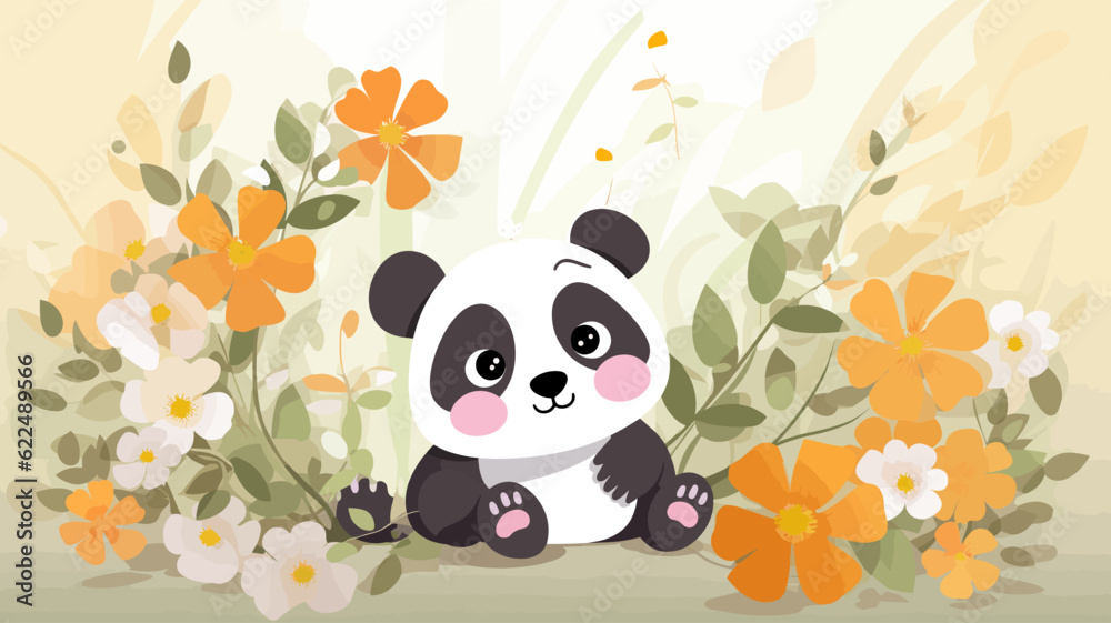 Vector illustration of cute panda and flower field. Vector illustration of cute panda and flower field.