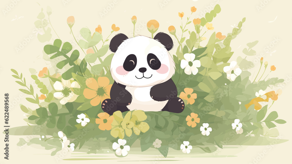 Obraz premium Vector illustration of cute panda and flower field.