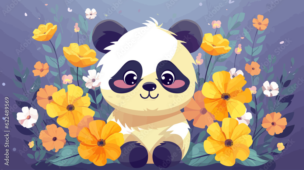 Fototapeta premium Vector illustration of cute panda and flower field.