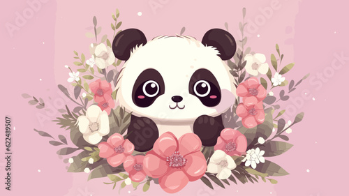 Vector illustration of cute panda and flower field.