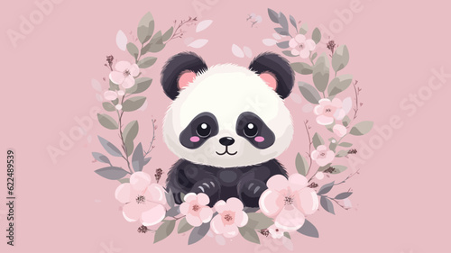 Vector illustration of cute panda and flower field.