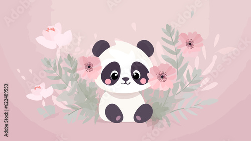Vector illustration of cute panda and flower field.