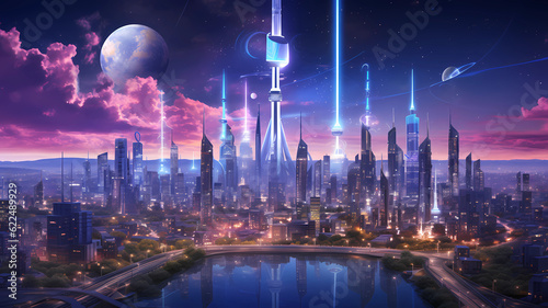 AI Generated landscape of a color photo of a futuristic city with towering skyscrapers and flying cars  all powered by magical crystals that emit a brilliant glow  the environment is bustling and full