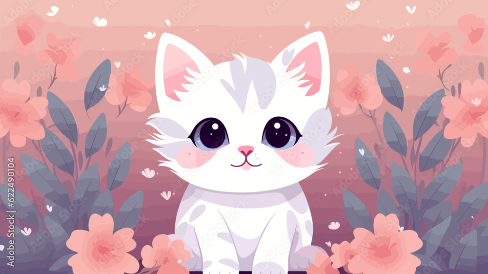 Fototapeta premium Vector illustration of cute cat and flower field.