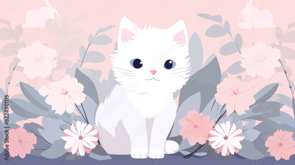 Vector illustration of cute cat and flower field. Vector illustration of cute cat and flower field.
