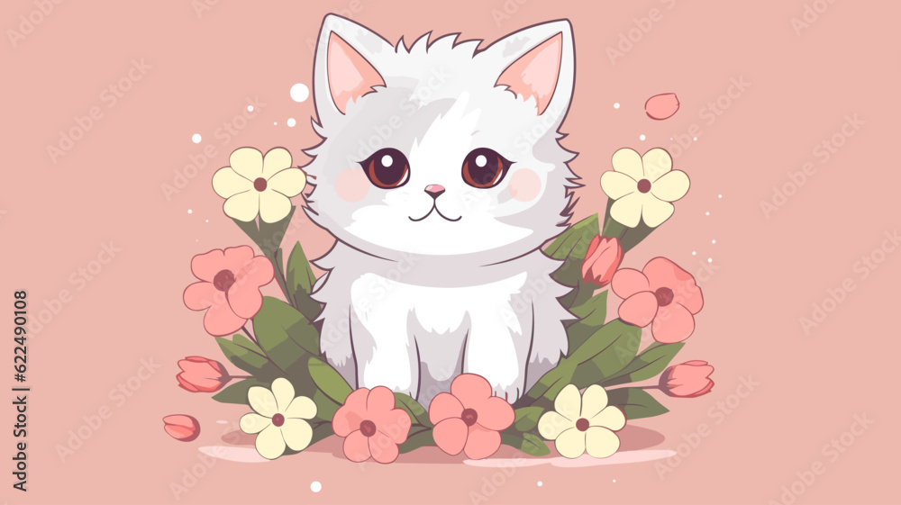 Vector illustration of cute cat and flower field. Vector illustration of cute cat and flower field.