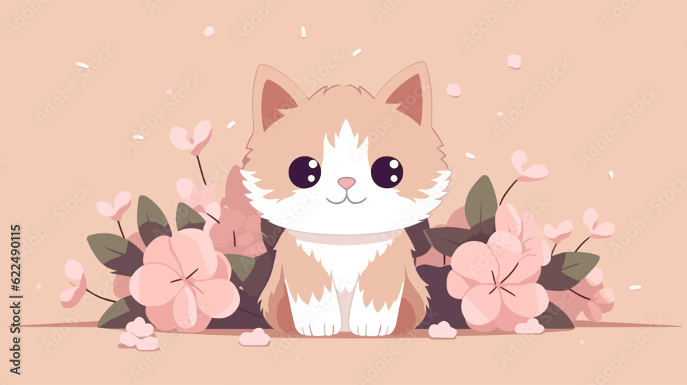 Vector illustration of cute cat and flower field. Vector illustration of cute cat and flower field.