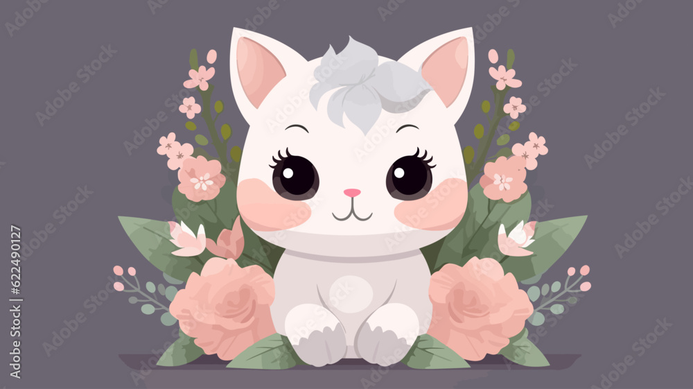 Vector illustration of cute cat and flower field.
