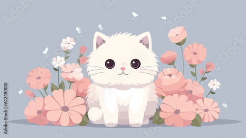 Vector illustration of cute cat and flower field.