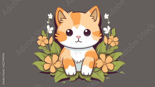 Vector illustration of cute cat and flower field.