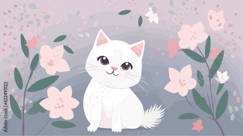 Vector illustration of cute cat and flower field.
