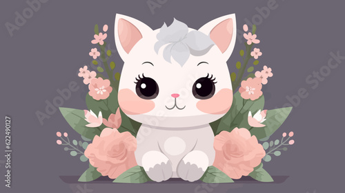 Vector illustration of cute cat and flower field.