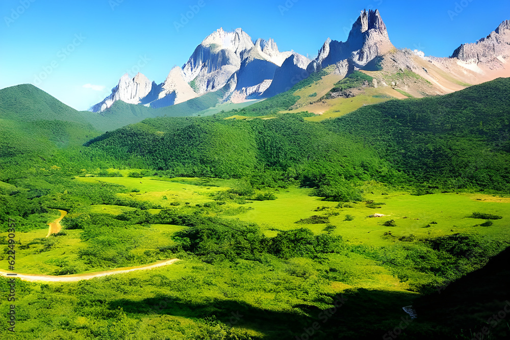 Fototapeta premium High and towering mountains symbolize the majesty and sublimity of nature. Picturesque landscapes and clear air provide a fascinating experience for hikers. Generative AI.