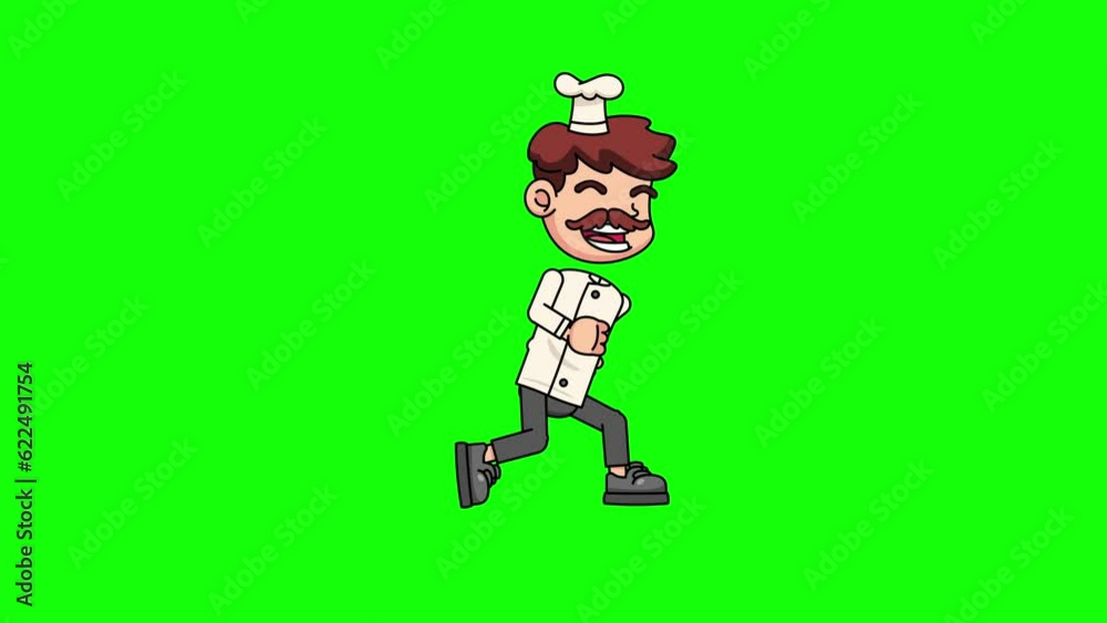 The mascot of a chef running, in cartoon style on a green background
The mascot of a chef running, in cartoon style on a green background
