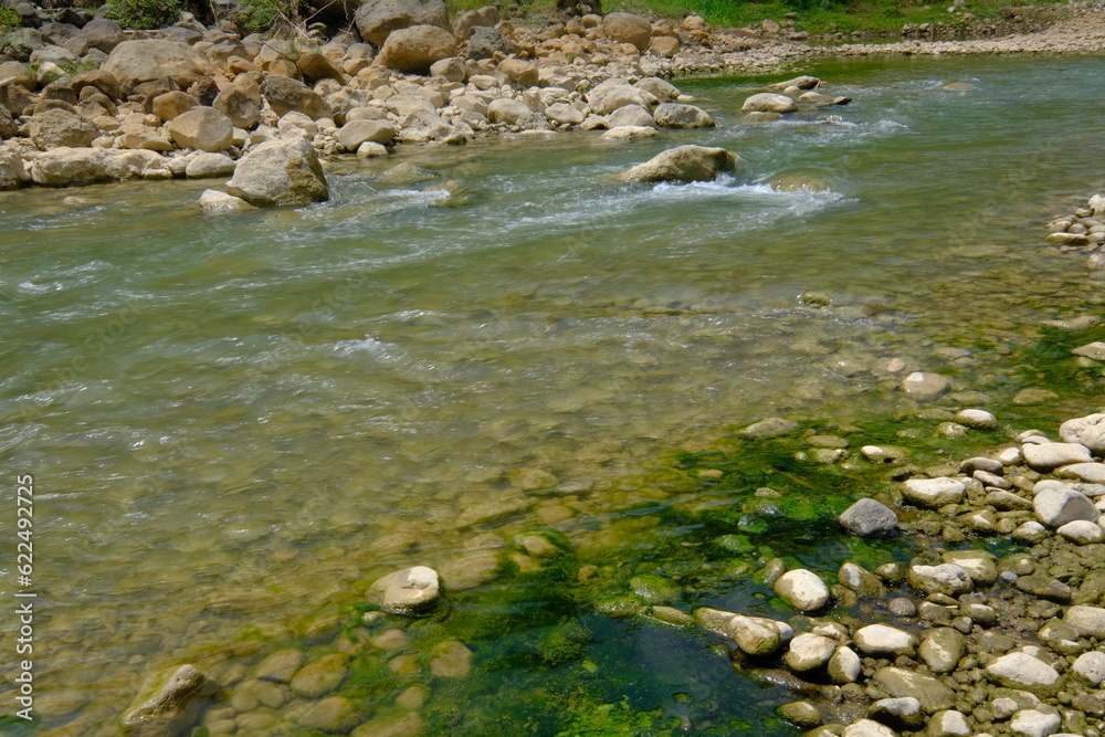 Obraz premium rocky river with clear water, on the banks of the river there are rocks with green moss. riverbanks in the tropics in the dry season.